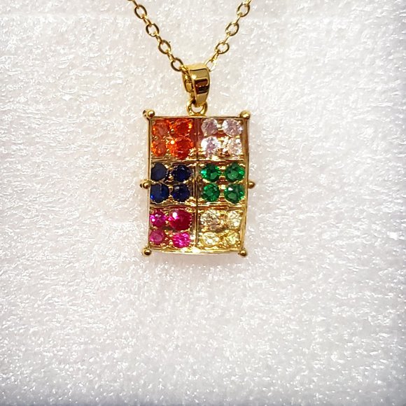 Multi-color cubic zirconia pendant 20 in plus adjustable in goldtone/Brass - Picture 1 of 4